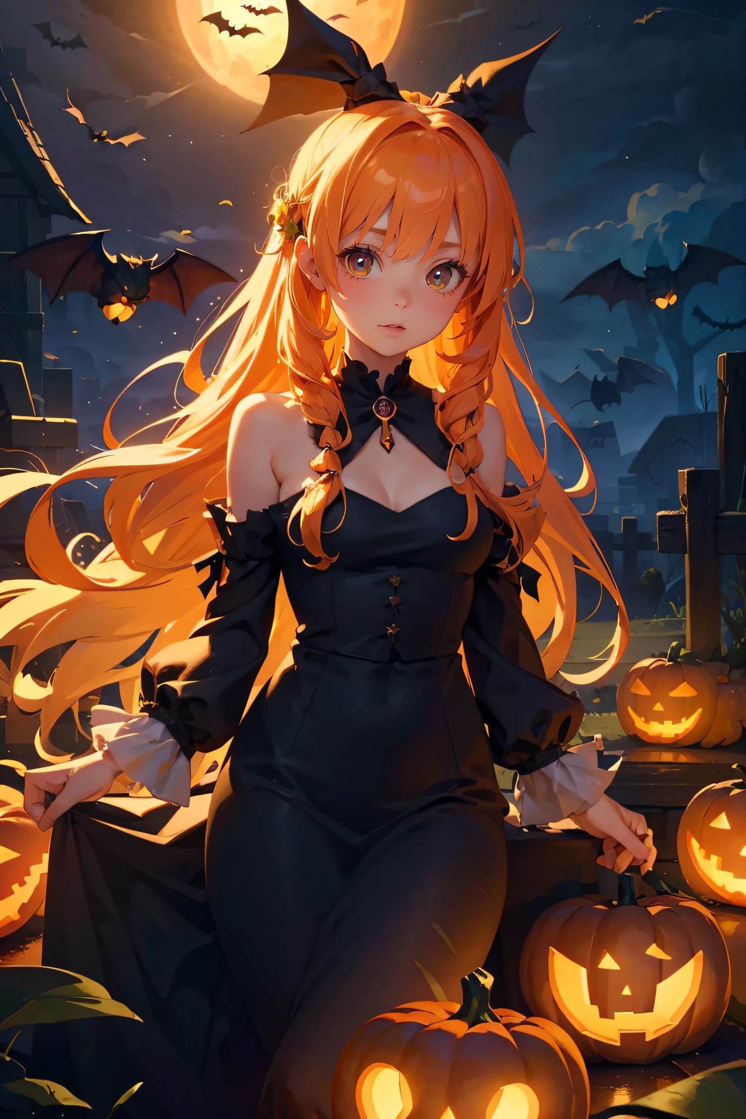 best quality, masterpiece, extremely detailed CG unity 8k wallpaper,(Beautiful and delicate: 1.2),offical art,1girl，borgar，pumpkins，the bats,Halloween theme