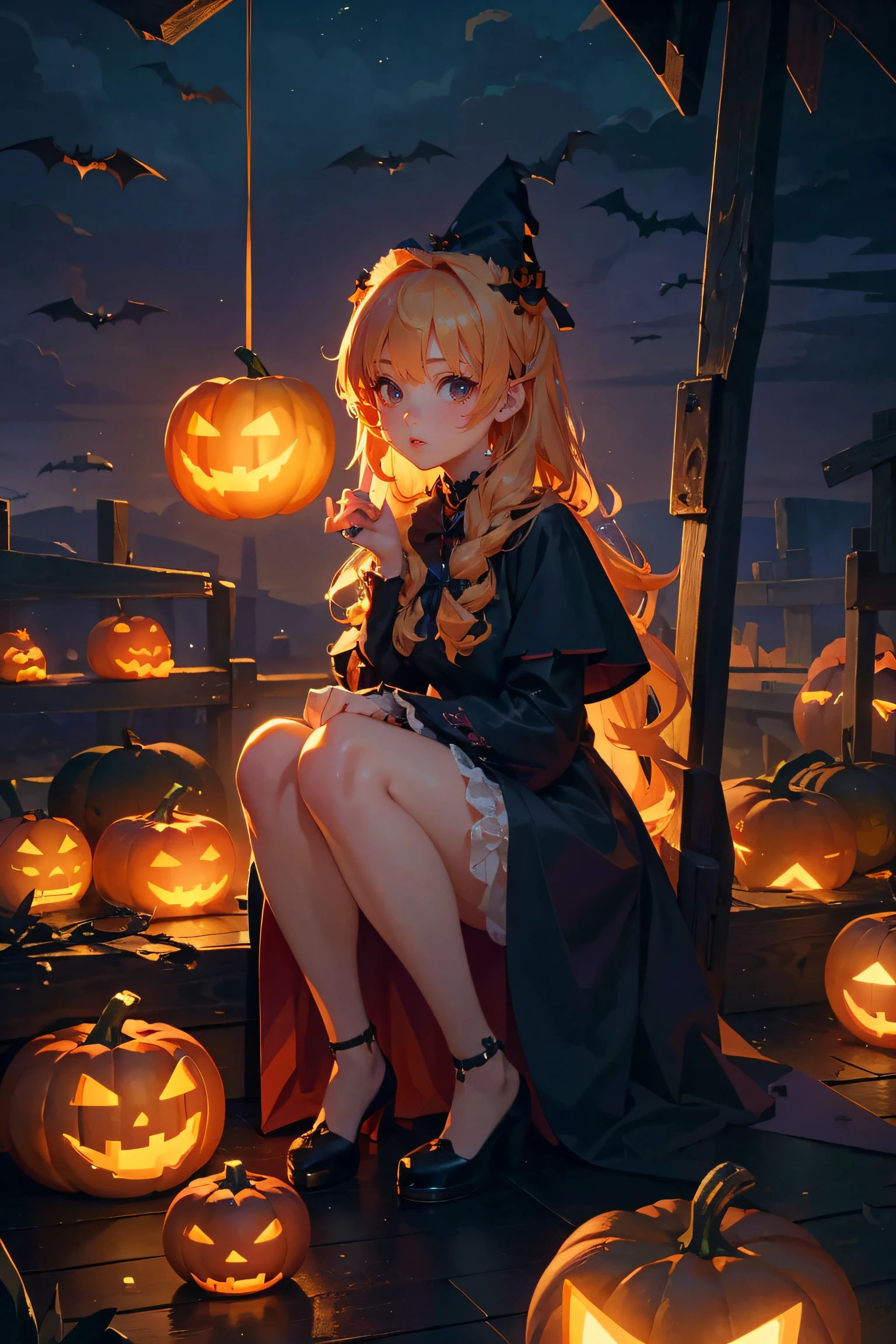 best quality, masterpiece, extremely detailed CG unity 8k wallpaper,(Beautiful and delicate: 1.2),offical art,1girl，borgar，pumpkins，the bats,Halloween theme