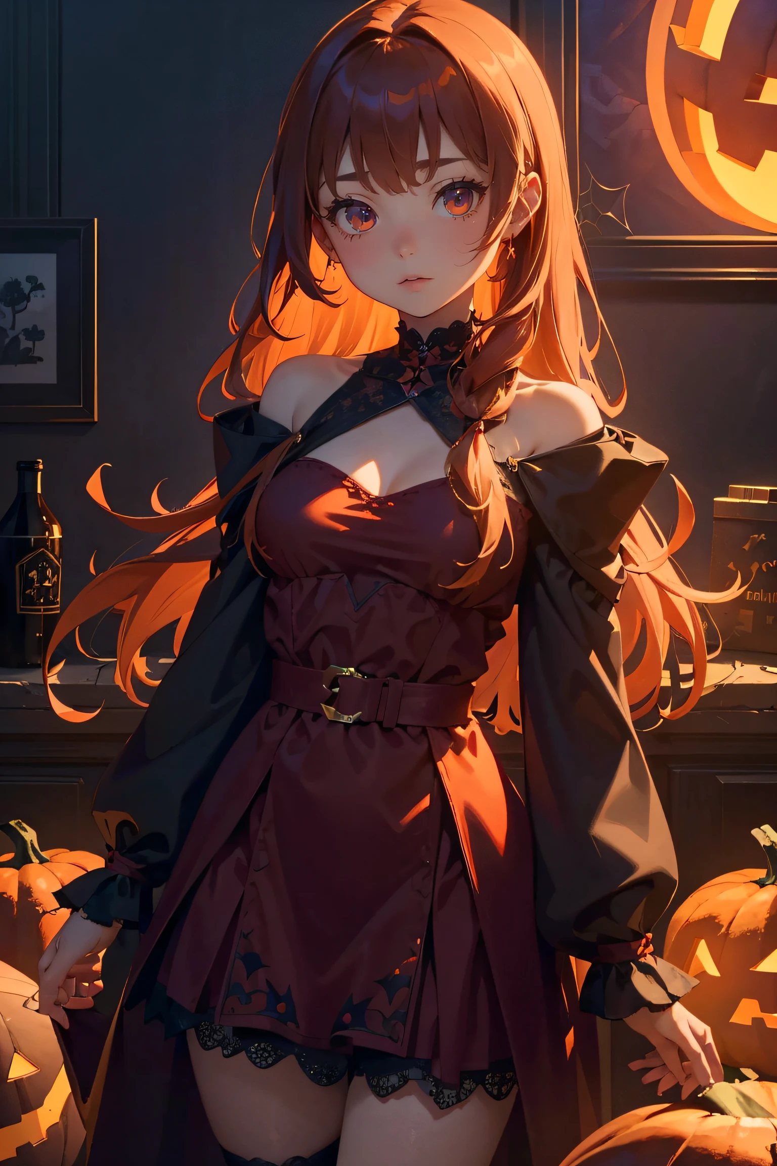 best quality, masterpiece, extremely detailed CG unity 8k wallpaper,(Beautiful and delicate: 1.2),offical art,1 girl, mysterious, gorgeous, Halloween costume, standing, straight-on, ancient castle, dark red, pumpkin lantern, terrifying patterns, symbols,Halloween theme