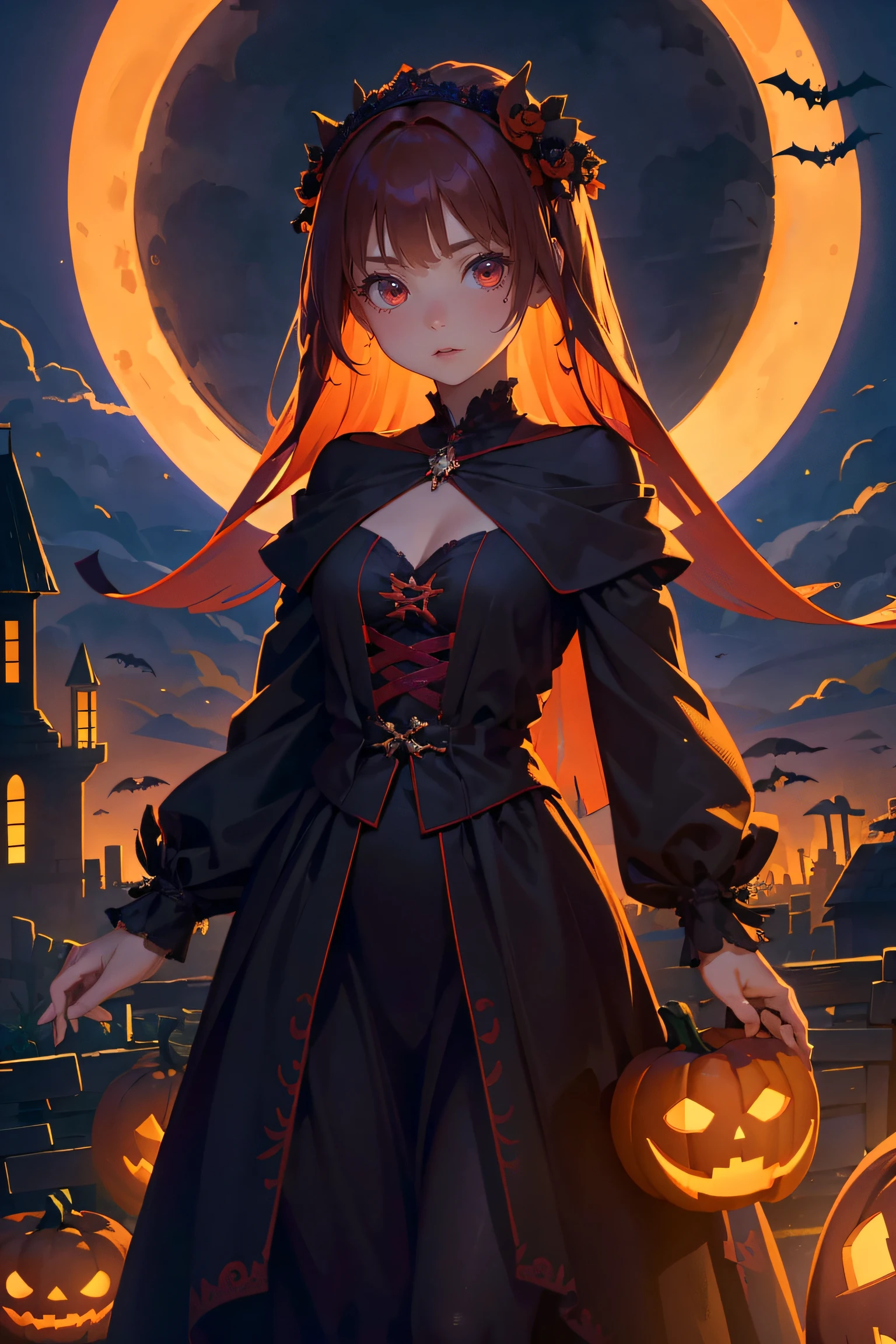 best quality, masterpiece, extremely detailed CG unity 8k wallpaper,(Beautiful and delicate: 1.2),offical art,1 girl, mysterious, gorgeous, Halloween costume, standing, straight-on, ancient castle, dark red, pumpkin lantern, terrifying patterns, symbols,Halloween theme