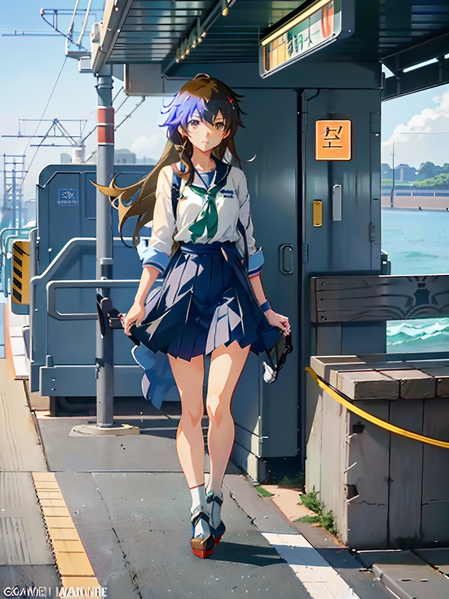 Anime girl walking on the sidewalk near a train station - SeaArt AI