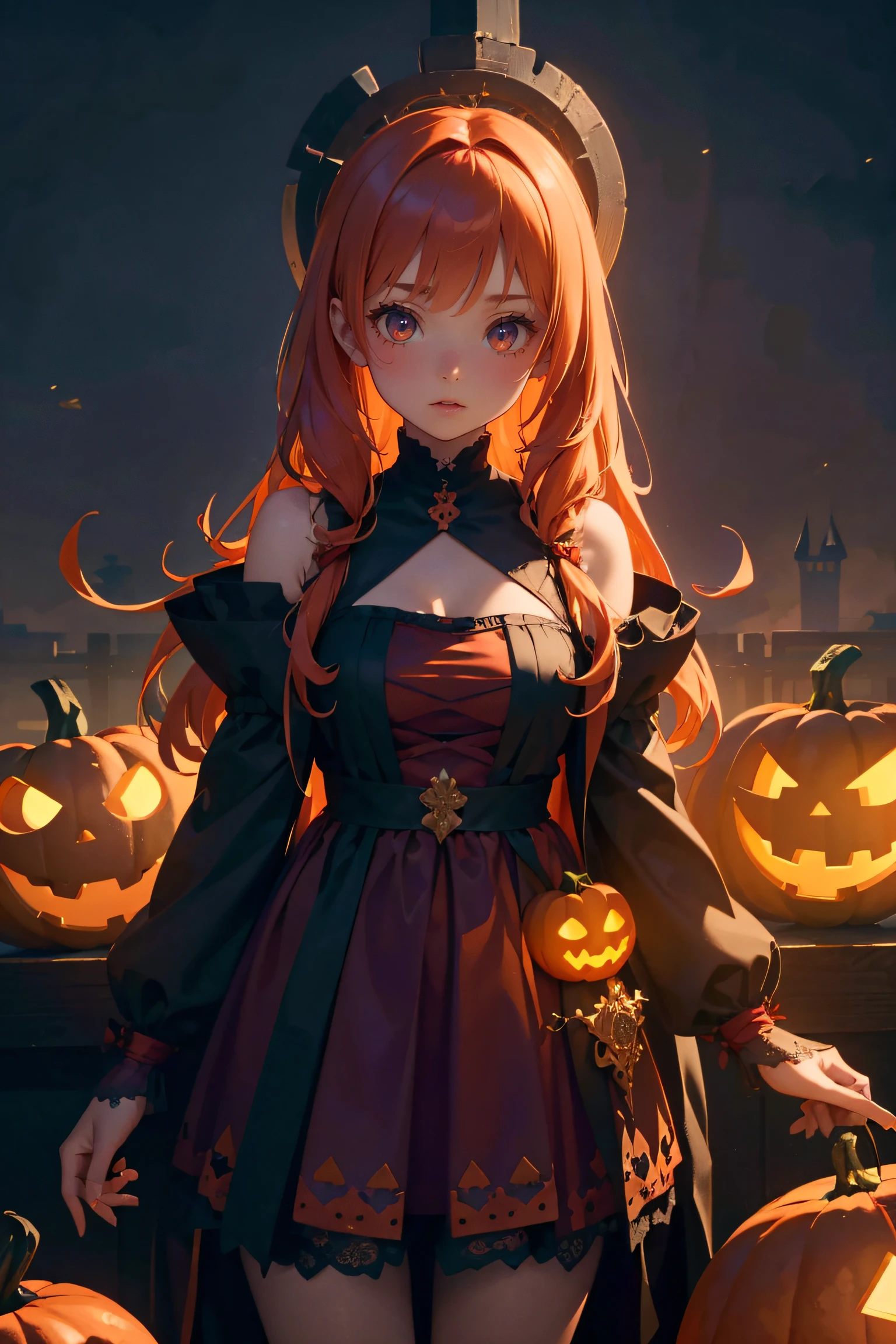 best quality, masterpiece, extremely detailed CG unity 8k wallpaper,(Beautiful and delicate: 1.2),offical art,1 girl, mysterious, gorgeous, Halloween costume, standing, straight-on, ancient castle, dark red, pumpkin lantern, terrifying patterns, symbols,Halloween theme