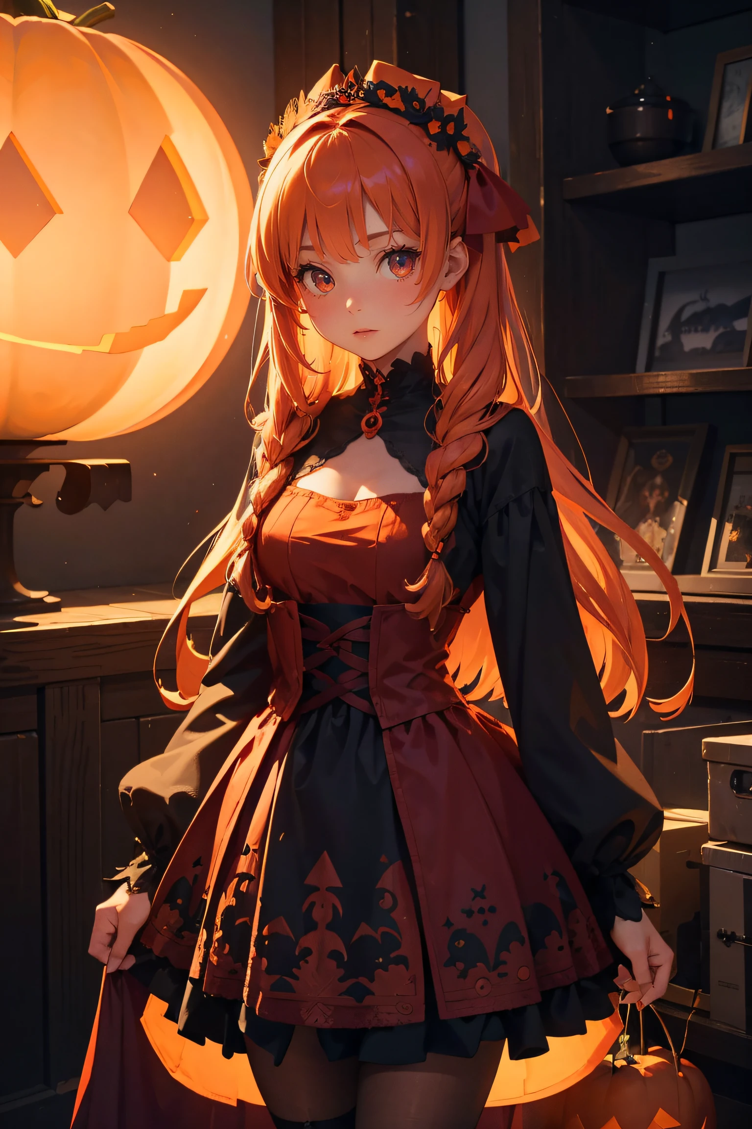 best quality, masterpiece, extremely detailed CG unity 8k wallpaper,(Beautiful and delicate: 1.2),offical art,1 girl, mysterious, gorgeous, Halloween costume, standing, straight-on, ancient castle, dark red, pumpkin lantern, terrifying patterns, symbols,Halloween theme