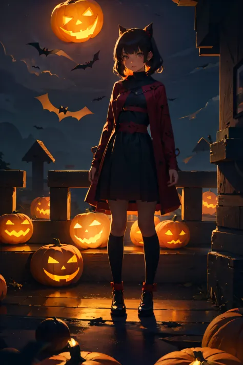 1 girl, mysterious, gorgeous, halloween costume, standing, straight-on, ancient castle, dark red, pumpkin lantern, terrifying pa...