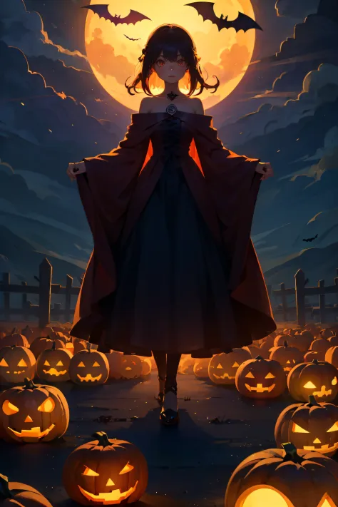 1 girl, mysterious, gorgeous, halloween costume, standing, straight-on, ancient castle, dark red, pumpkin lantern, terrifying pa...