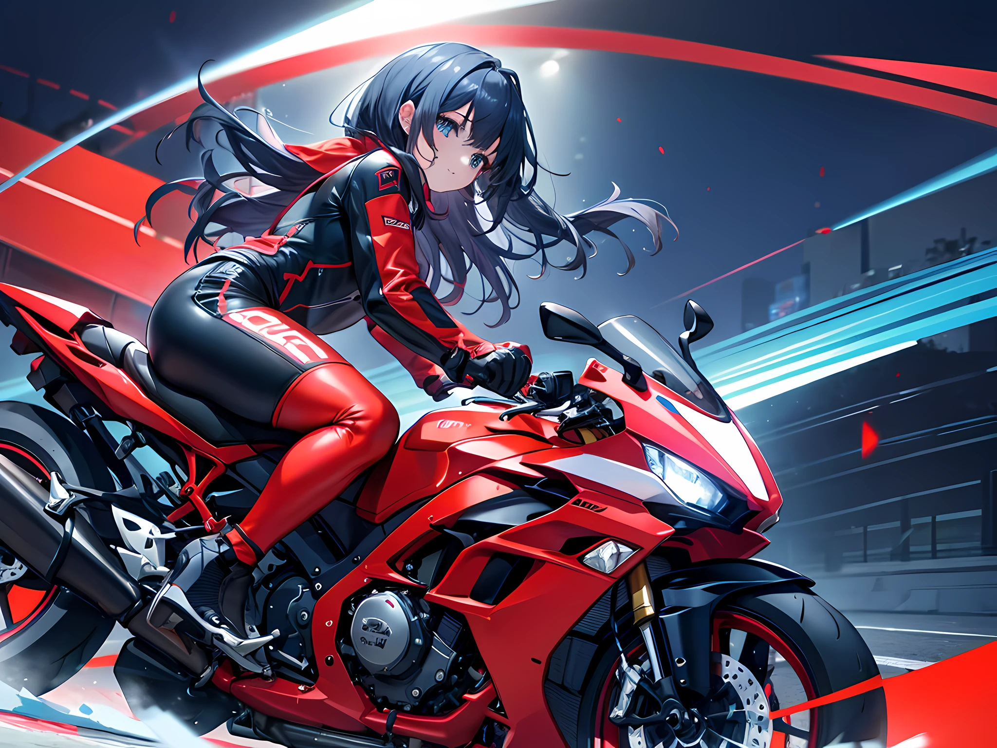 Anime girl in red riding a red motorcycle on a city street - SeaArt AI