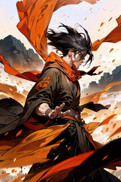 macho, usando um quimono preto, Badass anime 8k, anime epic artwork, homem bonito, anime 4k, orange scarf