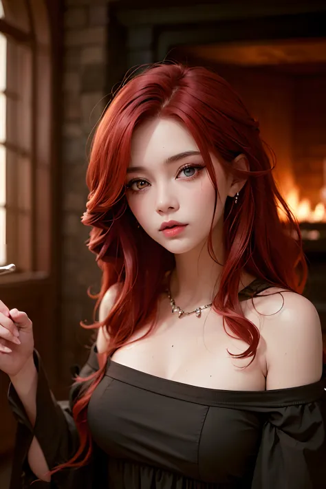 Red-haired witch with green eyes in a dark cave in front of a fireplace. beatiful face, big breastes. eye shadow, Eye stroke, Darkened room, Medieval atmosphere, Illustrations, hiquality (Best Quality,4k,8K,hight resolution,Masterpiece:1.2), Ultra-detailed...