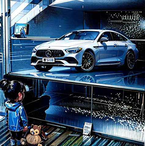 A little girl in a blue raincoat looks at the new Mercedes GT in a shop window，Teddy bear in hand，8K，4K