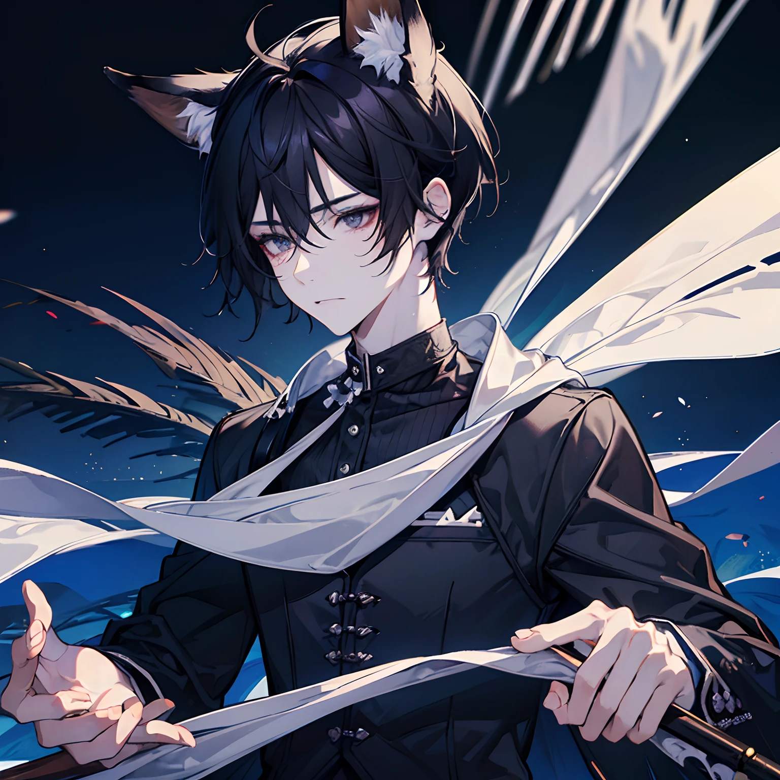 oreilles d&#39;animaux, oreilles de chacal, oreilles, animal oreilles, fox oreilles boy with person with skeleton makeup, jackal oreilles, black jackal oreilles, Caractéristiques masculines, traits féminins, Yeux noirs, yeux fatigués, cheveux noirs, cheveux coupés, Cheveux moyens