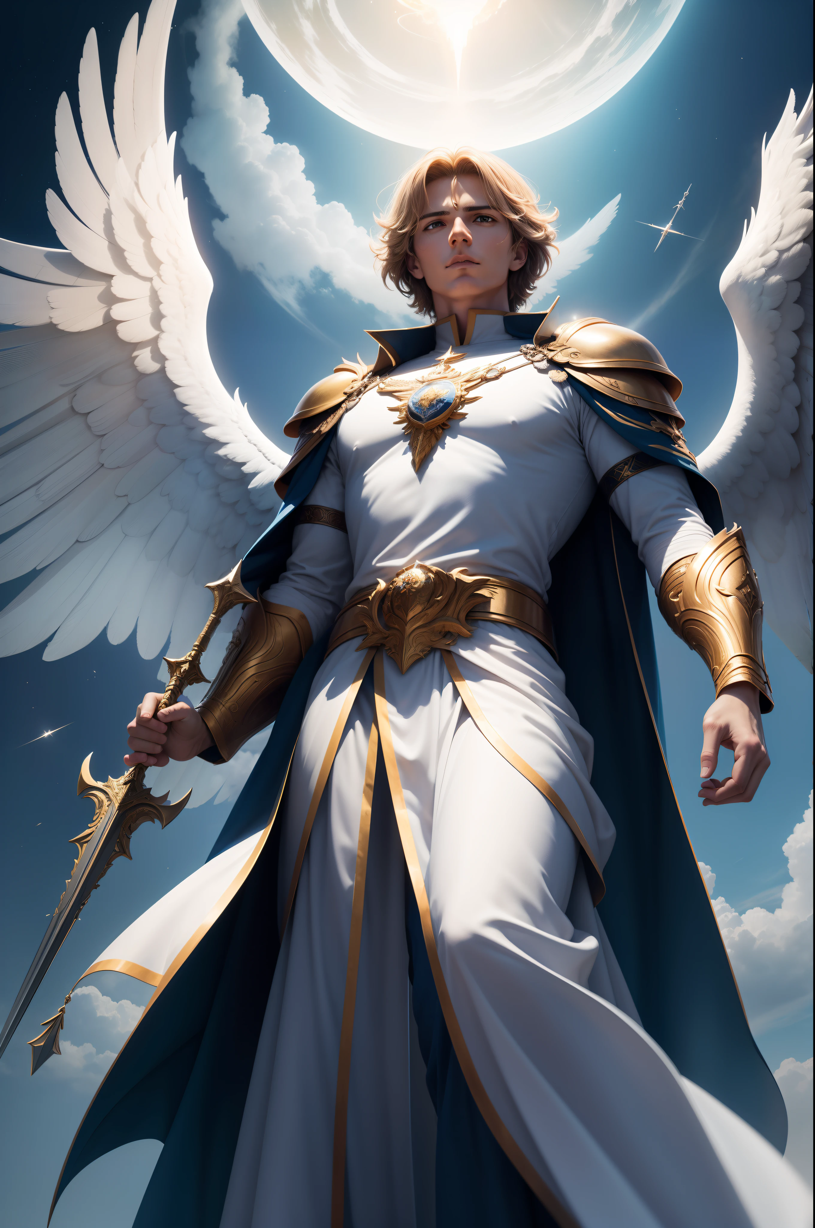 大天使迈克尔被描绘成一位威严而威严的人物. 他拥有宽阔、灿烂的翅膀，充满力量和权威。. 他的举止高傲，表情坚定, 体现了他作为天军领袖的地位. 他的盔甲闪闪发光，结构复杂, 象征着他的神性和保护者的角色.

- 气氛: 大天使迈克尔的存在散发着勇气, 正义与保护. 他浑身散发着天堂般的气息, 给那些思考它的人带来希望和安全. 他的姿态坚定而自信, 传达出一种不知疲倦的守护者的感觉.

--象征性细节: 大天使迈克尔经常被描绘成手持火焰之剑, 象征着他们与邪恶的斗争和对负面力量的摧毁. 他也可能携带盾牌或带有神圣符号的旗帜, 代表你与神的联系.

--灯光和调色板: 大天使迈克尔周围的光芒强烈而神圣, 强调他的神性. 由金色色调组成的调色板, 天空的白色和蓝色传达了它们的纯洁和与天国的联系.
