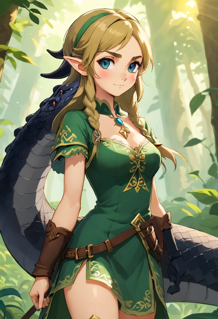 Masterpiece, 4k, best quality, highly detailed, full-body image of one female steampunk elf restrained by a big black snake, jungle, realistic material, photo realistic shading, evening, scared eyes, two arms, two legs, in the style of ian mcque, temmie chang, romanticized depictions of wilderness