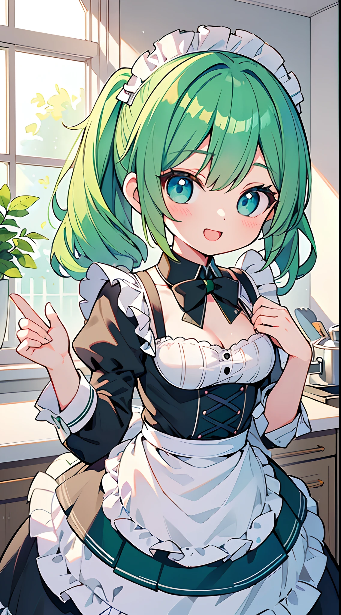 ((Pretty maid with green hair and blue eyes))、Loli face、((master piece、top-quality、ultra-definition、high resolution))、anime girl、((ultra-detailed illust:1.2))、only one person、bangs、hair between eye、beautiful hair、Beautiful eyes、Medium breasts、Big smile、opened mouth、in the kitchen