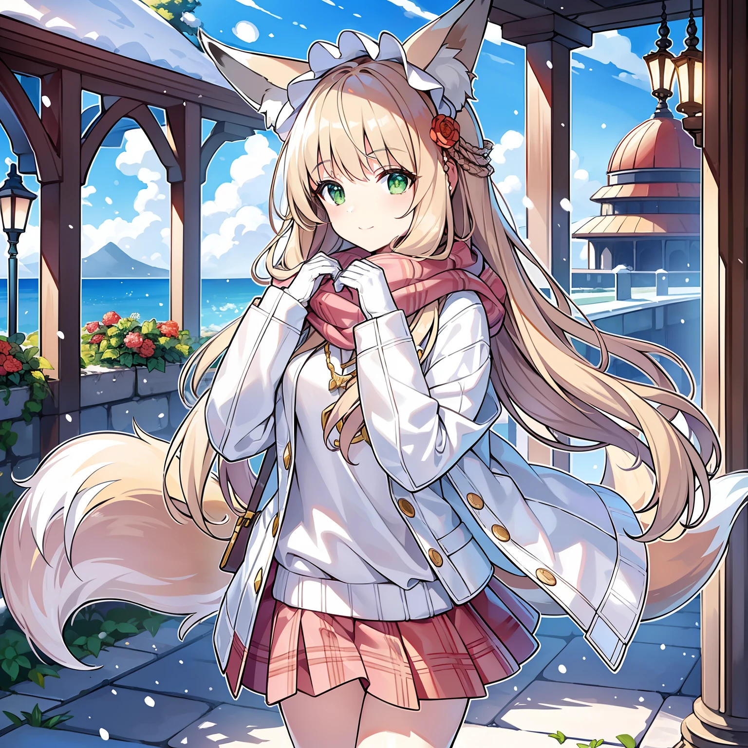 tmasterpiece，best qualtiy，A high resolution，1girll, Solo, (8K wallpaper), (Long brown hair)，(Huge fox tail:1.2)，Green eyes，Small flower headdress，16-year-old girl_C cup，Modern architecture，Girl walking on the road by the sea，Early winter, There was light snow on the ground，Sixteen-year-old girls wear white sweaters and short skirts in winter，White scarf，ssmile，Hold the scarf with both hands，(She wears white gloves on her hands)，