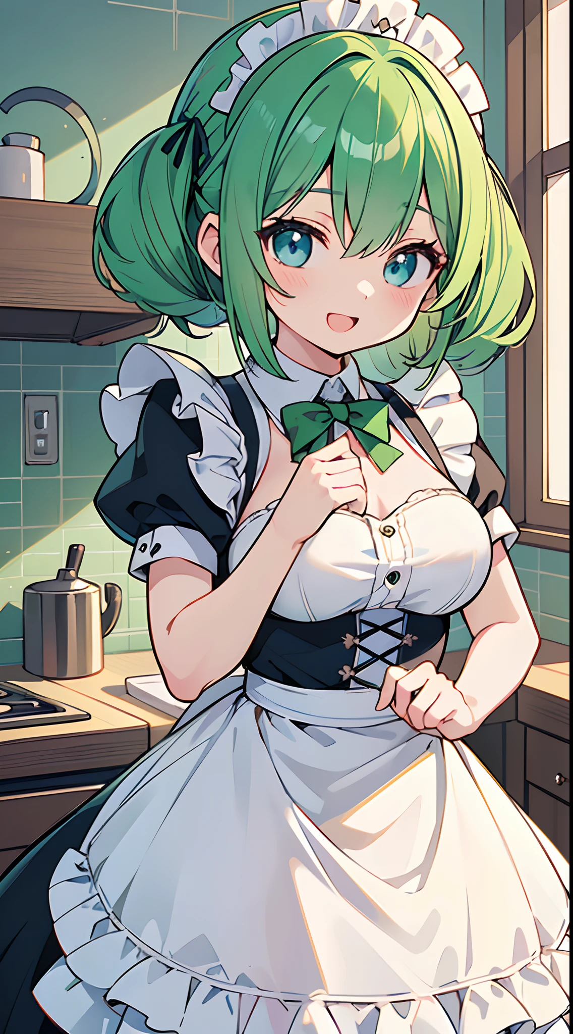 ((Pretty maid with green hair and blue eyes))、Loli face、((master piece、top-quality、ultra-definition、high resolution))、anime girl、((ultra-detailed illust:1.2))、only one person、bangs、hair between eye、beautiful hair、Beautiful eyes、Medium breasts、Big smile、opened mouth、in the kitchen