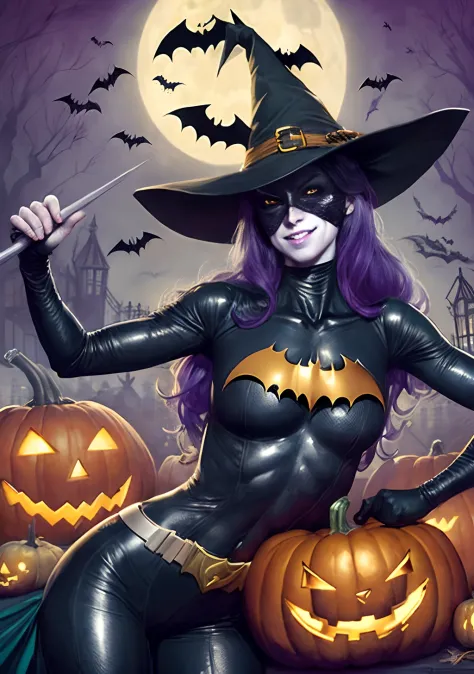 Halloween do Batman estilo DC Comics by Jim lee, Batman at Halloween party, With witches and pumpkins