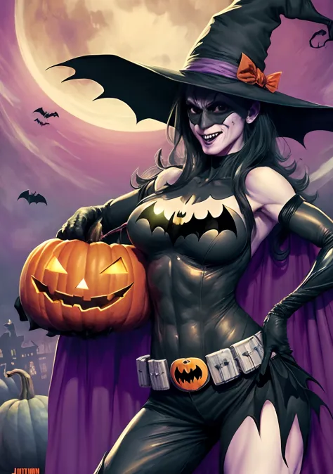 Halloween do Batman estilo DC Comics by Jim lee, Batman at Halloween party, With a cstwoman, witches and pumpkins