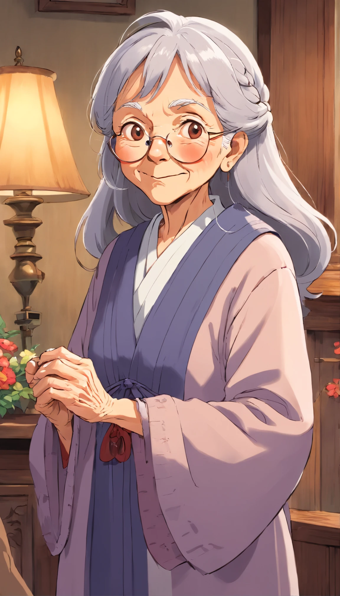 An older woman in a purple robe and glasses standing in front of a lamp -  SeaArt AI