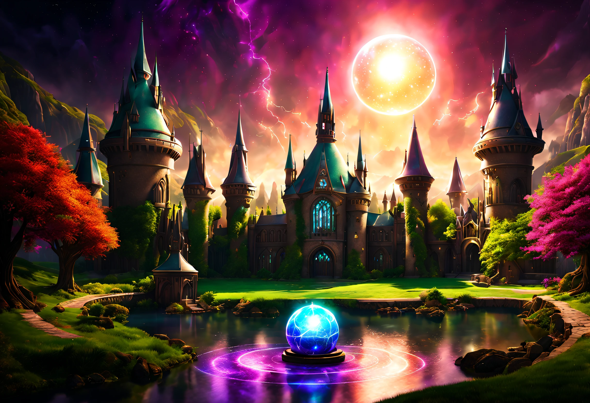 A magical academy protected by powerful spells, (best quality,4k,8k,highres,masterpiece:1.2),A large magic school with towers and domes, surrounded by a green field and a lake. The school is enveloped in a magical aura of colors that protects it from intruders. (It is inside a large magical orb:1.2).