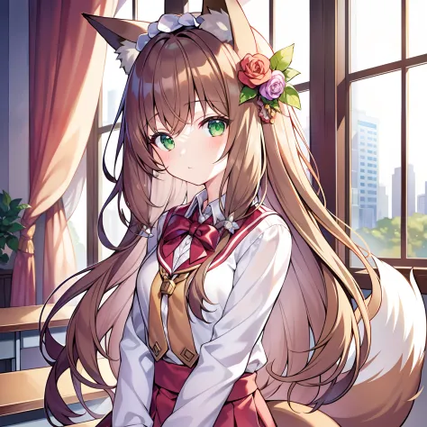 tmasterpiece，best qualtiy，A high resolution，1girll, Solo, (8K wallpaper), (Long brown hair)，(Huge fox tail:1.2)，Green eyes，Small...