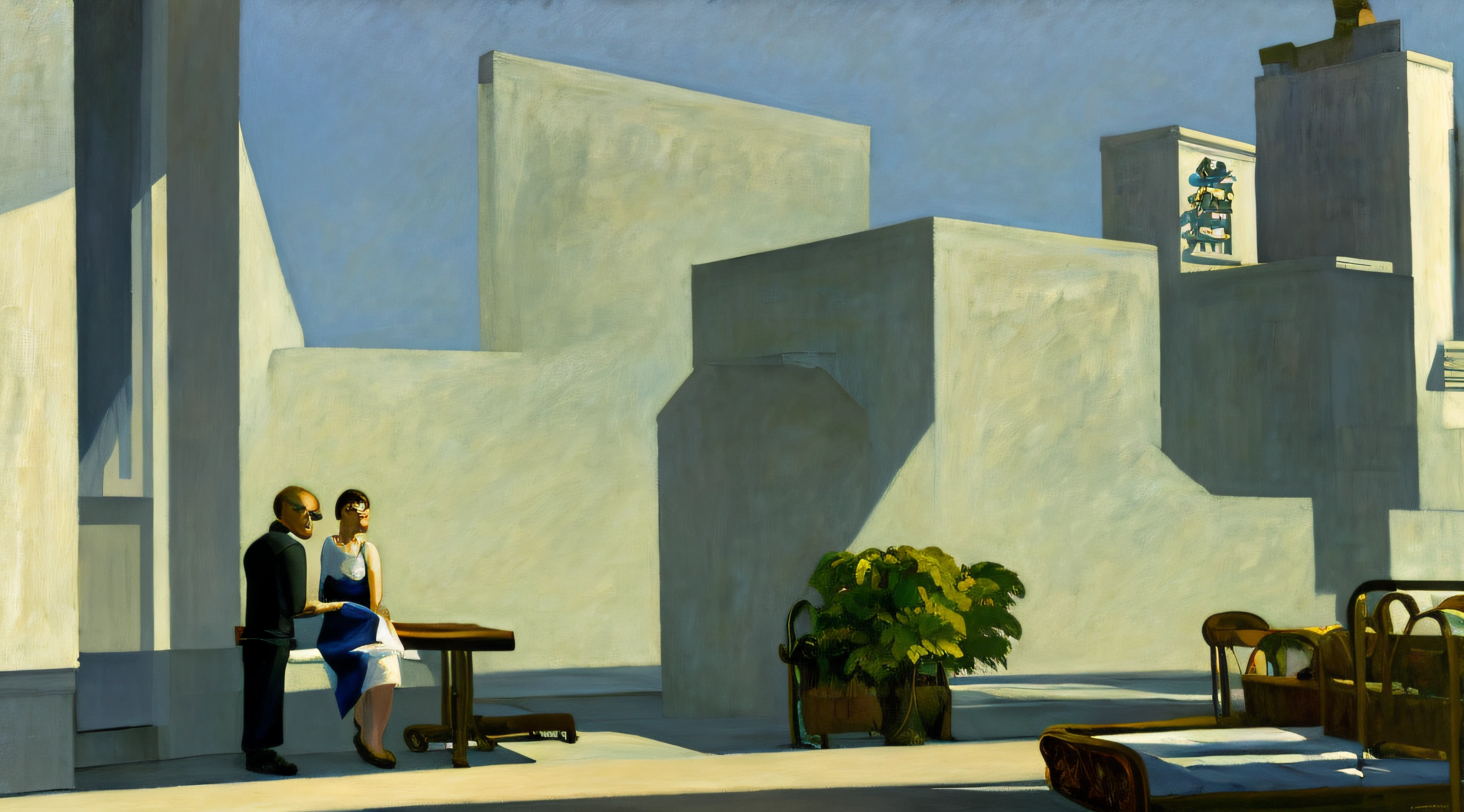 edhop_style, painting of a cityscape with a bench and a building in the background, ed hopper, style of edward hopper, edward hopper painting, ( ( ( edward hopper ) ) ), charles sheeler, edward hopper. sharp focus, by Rick Amor, by Edward Hopper, edward hopper vibe, edward hopper style, hopper, inspired by Rick Amor, raphael hopper