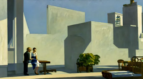edhop_style, painting of a cityscape with a bench and a building in the background, ed hopper, style of edward hopper, edward ho...
