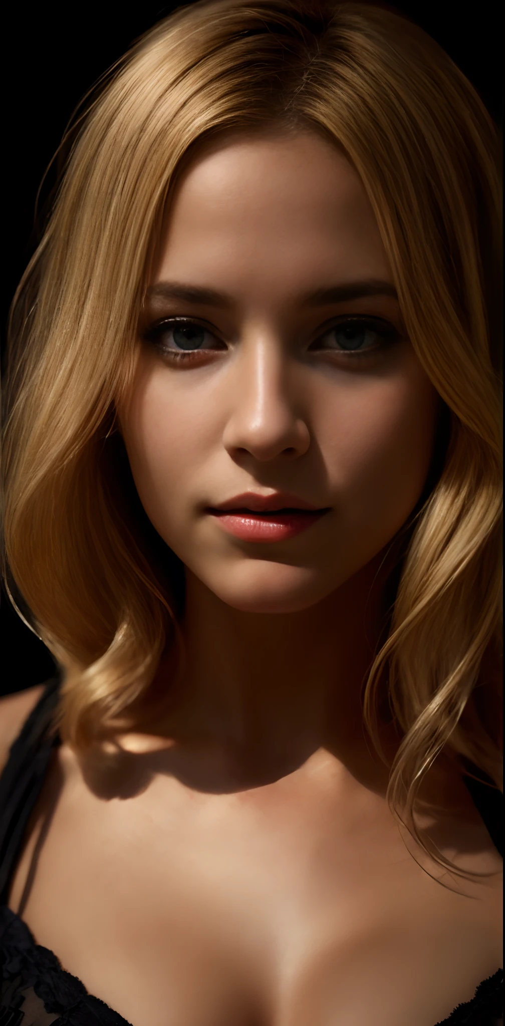 femme blonde aux yeux bleus et haut de soutien-gorge noir posant pour une photo, Realistic facial lighting, soft portrait shot 8 k, Ultra realistic digital painting, cinematic realistic portrait, photorealistic digital painting, Hyper realistic digital painting, realistic digital painting, hyper-realistic digital painting, Rendu portrait 8k, Detailed beauty portrait, highly detailed vfx portrait, photorealistic beautiful face, souriante, flirts with the camera