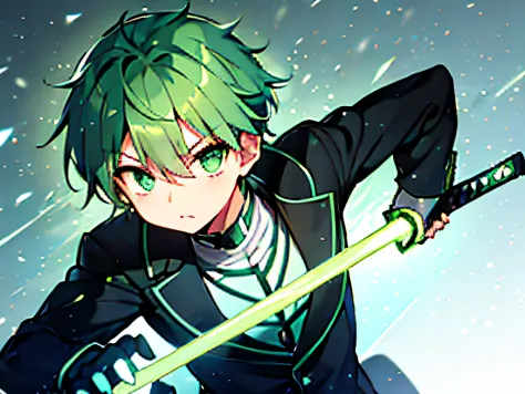 1 boy、beautiful countenance、gray color、anime boy with green hair and green eyes staring at the camera、glowing green eyes、shadow ...