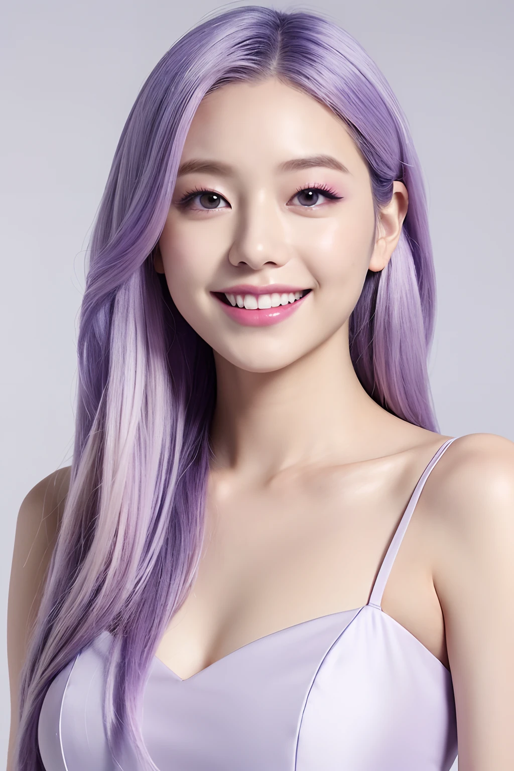 (extra detailed body、extra detailed face、best qualtiy:1.2)、femele、looking at the viewers、(Lavender and white gradient hair color、Purple and dark blue dress、a smile、Fancy makeup、accessorized）