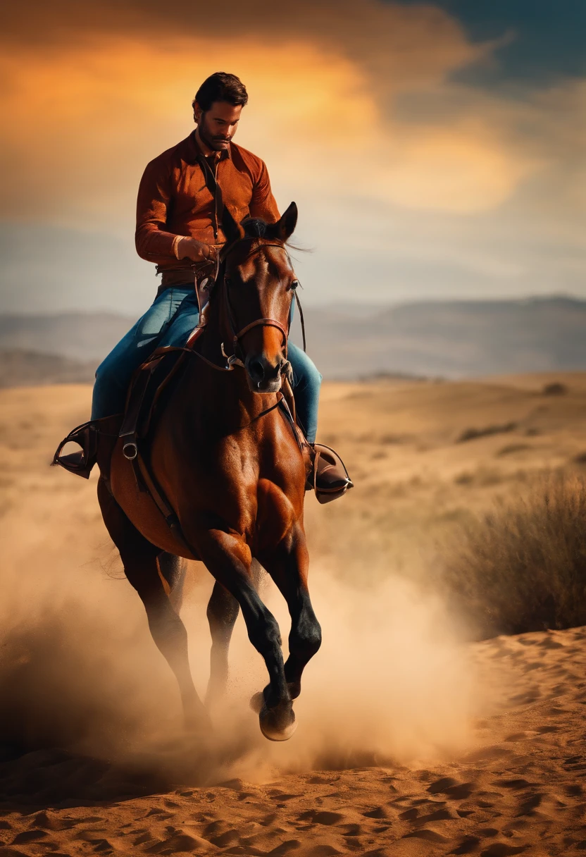 There is a man riding a horse in the desert on a cloudy day - SeaArt AI