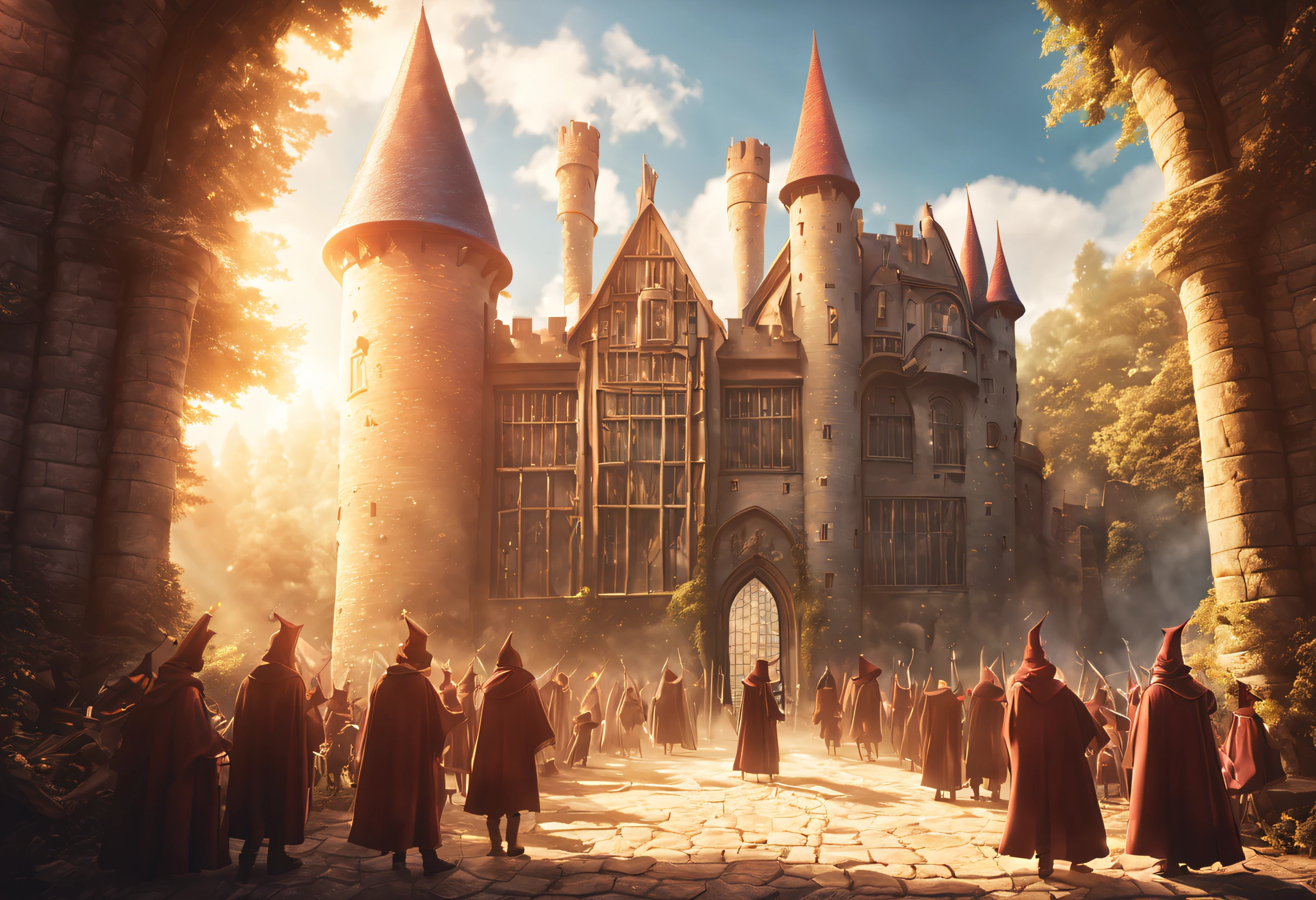 (A magical academy located in a 10th century castle: 1.3). (Magical creatures protect the environment: 1.2), There are students in wizard clothes casting spells outside, a large wall protecting them from the gaze of unwanted spectators. (Image inspired by the Harry Potter series: 1.3),magic rays are seen everywhere