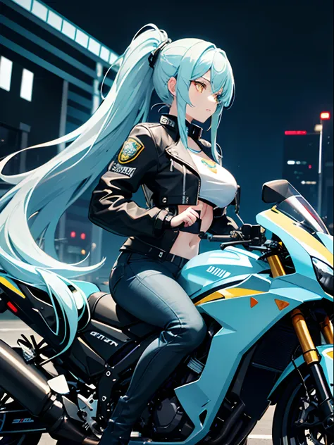 Anime girl with blue hair sitting on a motorcycle in the city - SeaArt AI