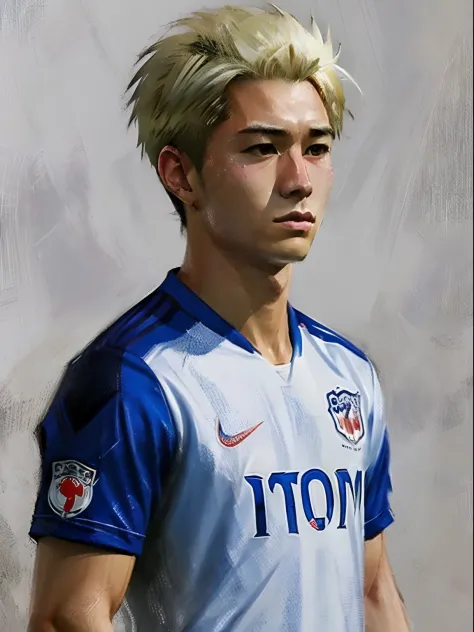 Homem Soccer Player face, Estilo Greg Rutkowski realista, estilo anime, Japanese Platinum Hair 17 years old