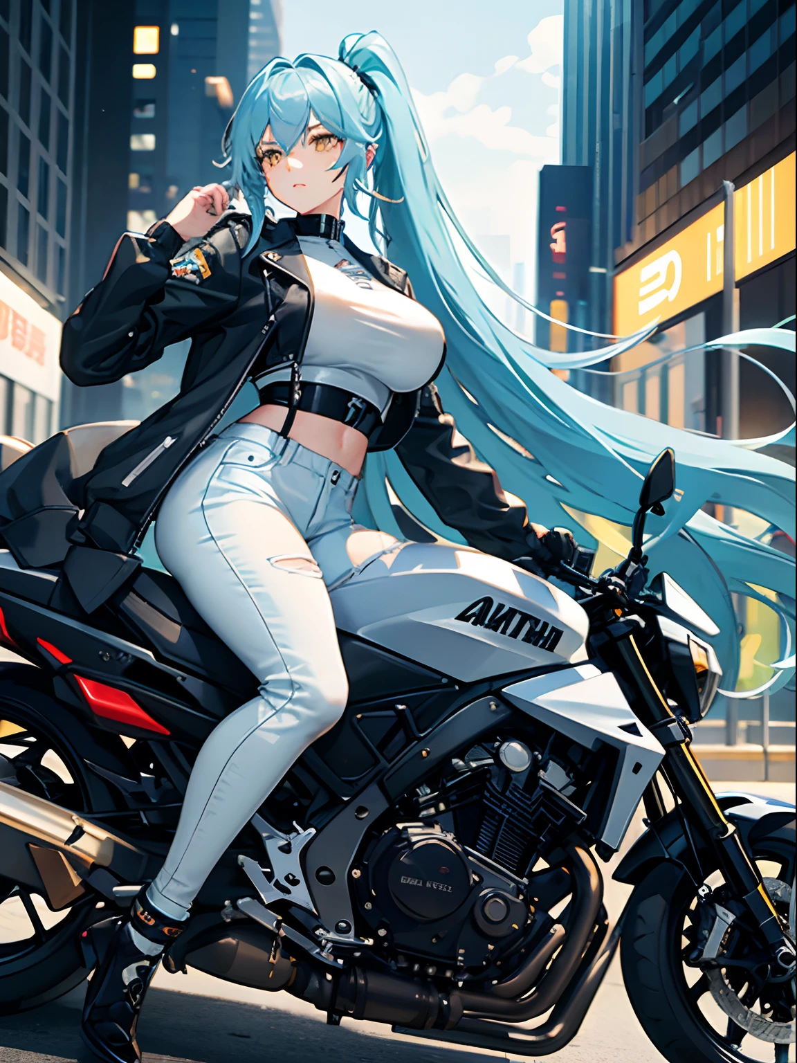 Anime girl sitting on a motorcycle in the middle of the street - SeaArt AI