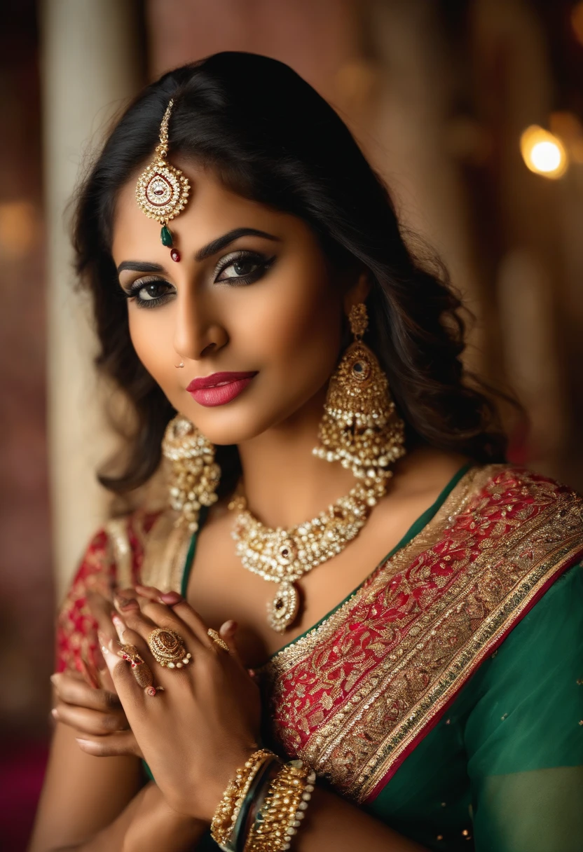 A beautiful indian woman in a green sari and gold jewelry - SeaArt AI