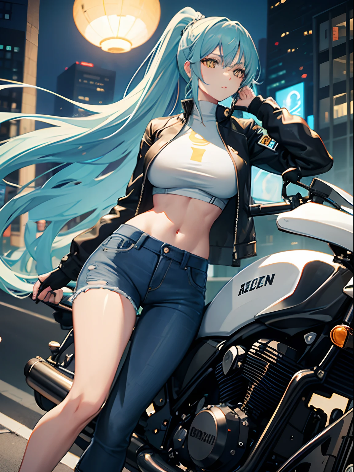 Anime girl with blue hair sitting on a motorcycle in the city - SeaArt AI