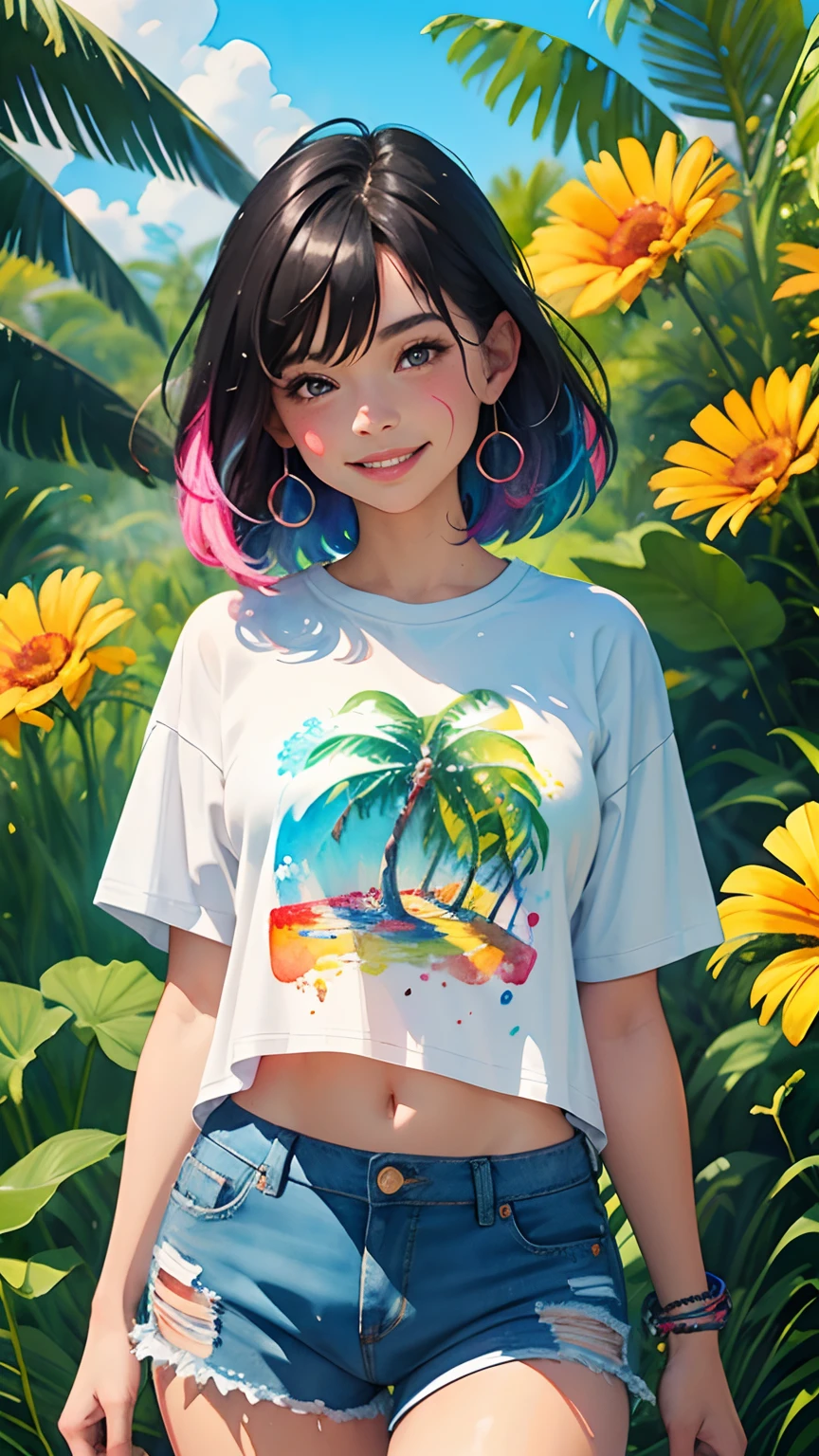 ein tropisches Gemälde mit Spritzer-Hintergrund und Sprühfarben-Effekt, T-Shirt und Jeansshorts mit Kokosnüssen und Blumen-Design, Frau Oberkörper zentriert, mehrfarbiges Haar, großes glückliches Lächeln, Aquarellkunst,  Aquarellfarbeing, Aquarellfarbeing style, Aquarell detaillierte Kunst, digitale Aquarellmalerei, Aquarellfarbe, meisterhaft detailliertes Aquarell, Aquarellkunst