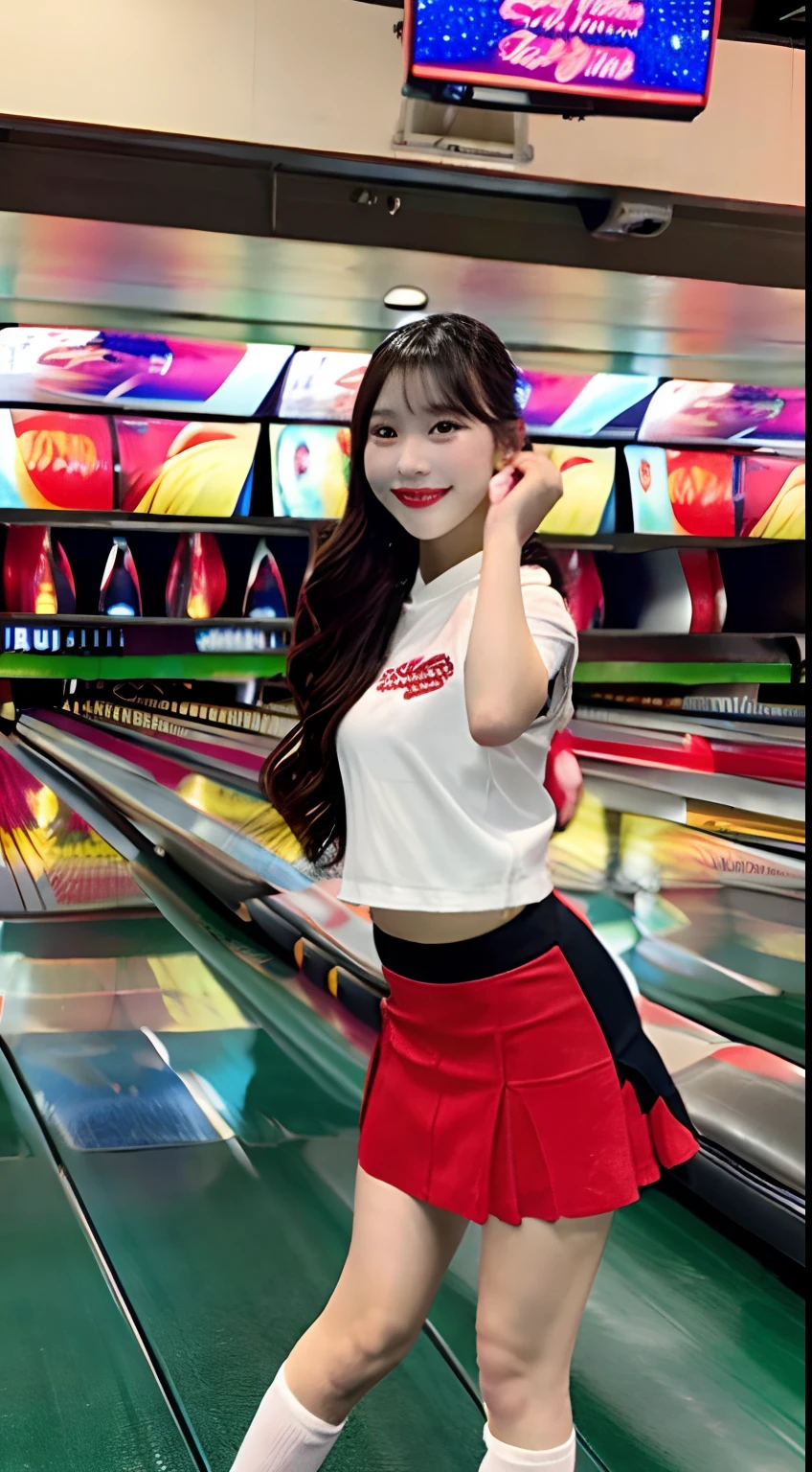 Arafed woman in a red skirt and white shirt standing in a bowling alley -  SeaArt AI