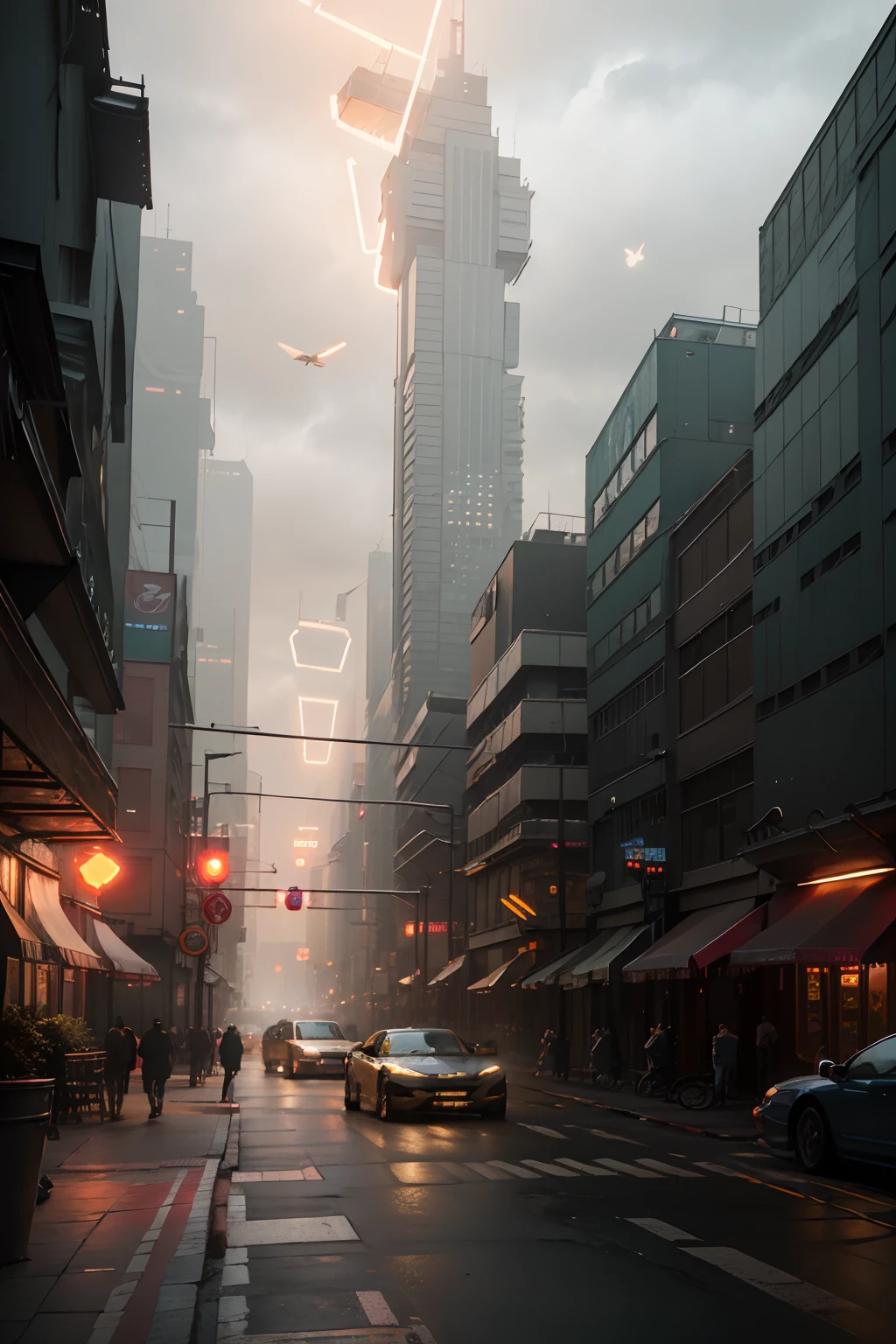 Cyberpunk Blade Runner cityscape street scene with towering skyscrapers, ((glowing neon signs)) and LED lights, traffic with (futuristic cyberpunk cars) and flying cars in the sky, bright colors contrasting with dark atmosphere, (cinematic lighting), extremely detailed.