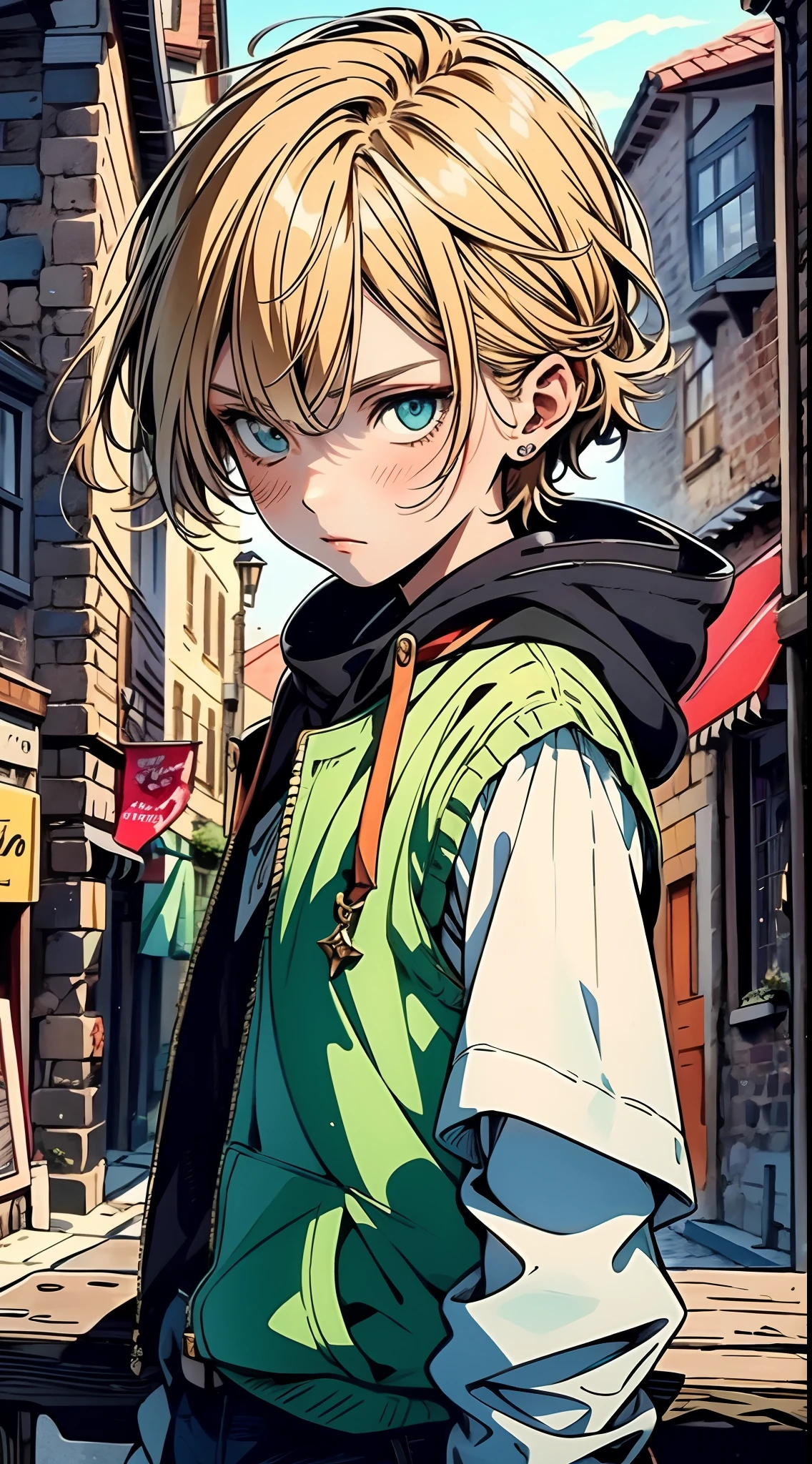 An 11-year-old boy with golden hair, Center-parted hairstyle, a cunning gaze, a slender figure, a fantasy-realistic style blue sleeveless vest with a hood, a yellow-green undershirt, blue jeans, Within a medieval town of fantasy style, this character embodies a finely crafted  with a fantasy-realistic style in anime style, characterized by an exquisite and mature manga illustration art style, full body character drawing, high definition, best quality, highres, ultra-detailed, ultra-fine painting, extremely delicate, professional, anatomically correct, symmetrical face, extremely detailed eyes and face, high quality eyes, creativity, RAW photo, UHD, 8k, Natural light, cinematic lighting, masterpiece-anatomy-perfect, masterpiece:1.5