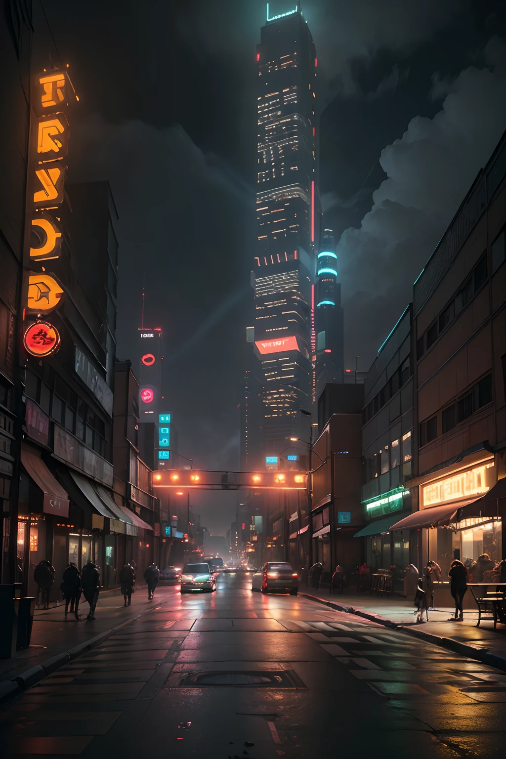 Cena de rua da paisagem urbana de Cyberpunk Blade Runner com arranha-céus imponentes, ((sinais de néon brilhantes)) e luzes LED, tráfego com (carros cyberpunk futuristas) e carros voadores no céu, cores brilhantes contrastando com a atmosfera escura, (iluminação cinematográfica), extremamente detalhado.