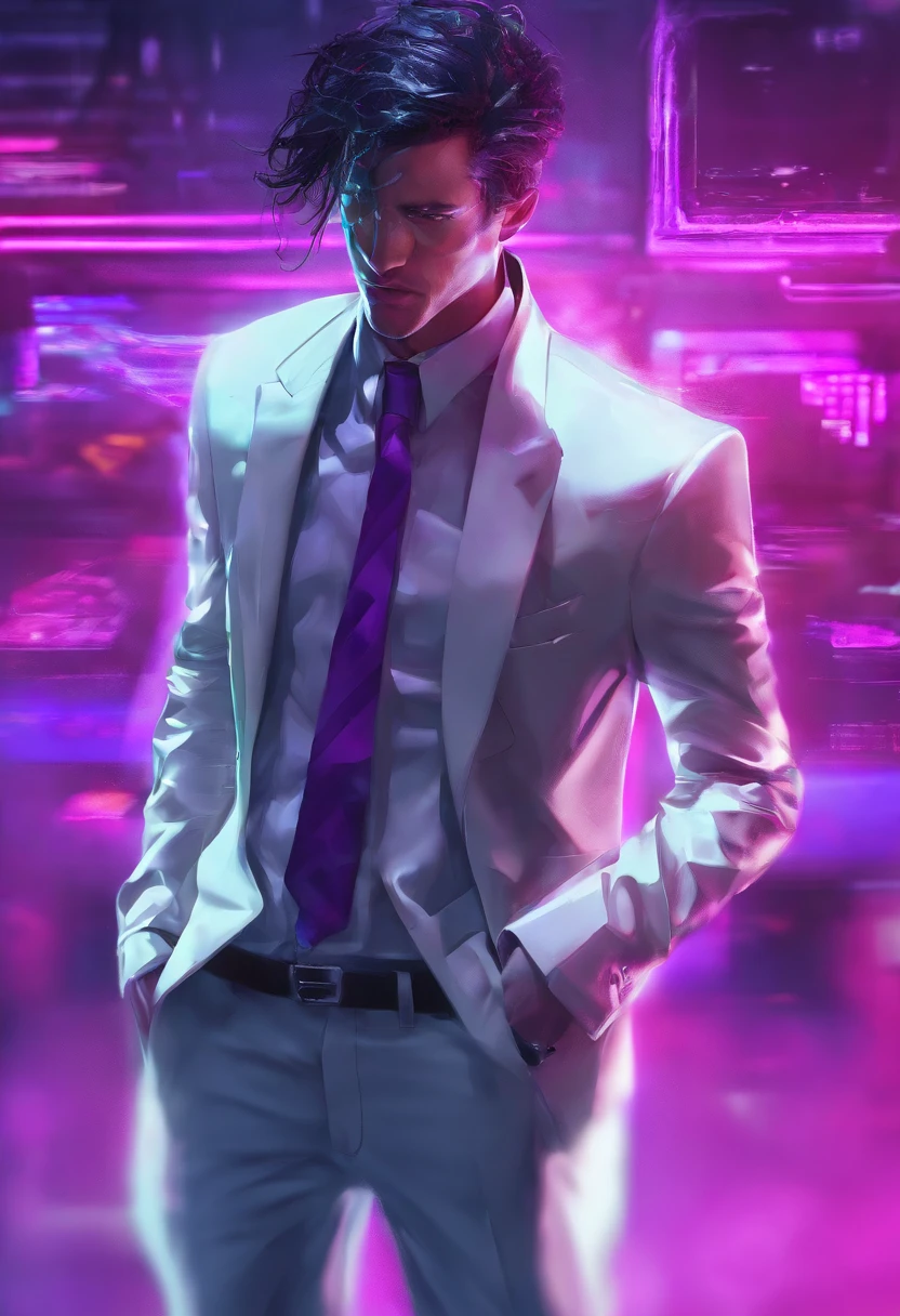 ((Skinny, lanky, normal, mid-30s, unshaven, white, ((American, pale skin, english)), male, businessman wearing a basic suit and tie, nose ring, tired, unhappy)), cowboy shot, (black short shaggy hair with purple highlights), ((office background)), (highly detailed photo realistic), sharp focus, ultra high quality, vibrant, masterpiece, (cinematic lighting), ((male))