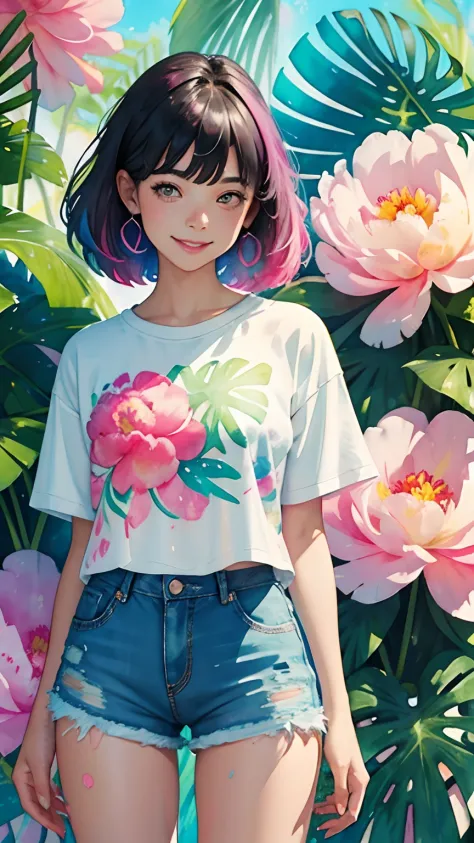 a tropical painting with a splatter background and spray paint effect, peony flowers design t-shirt and jean shorts, woman upper...