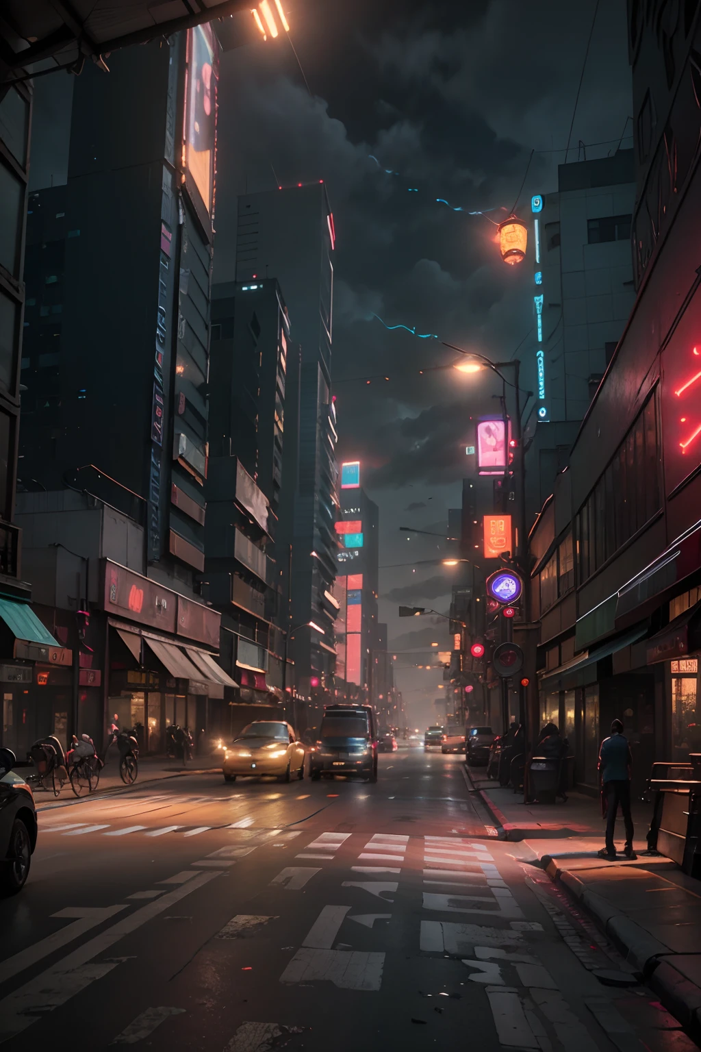 Cyberpunk Blade Runner Stadtbild Straßenszene mit hoch aufragenden Wolkenkratzern, ((Leuchtende Neonschilder)) und LED-Leuchten, Verkehr mit (futuristic cyberpunk cars) Und fliegende Autos am Himmel, helle Farben kontrastieren mit dunkler Atmosphäre, (Filmische Beleuchtung), extrem detailliert.