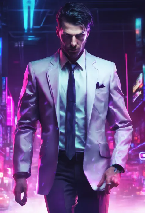 ((Skinny, lanky, normal, mid-30s, unshaven, white, ((American, pale skin, english)), male, businessman wearing a basic suit and tie, nose ring, tired, unhappy)), cowboy shot, (black short shaggy hair with purple highlights), ((office background)), (highly ...