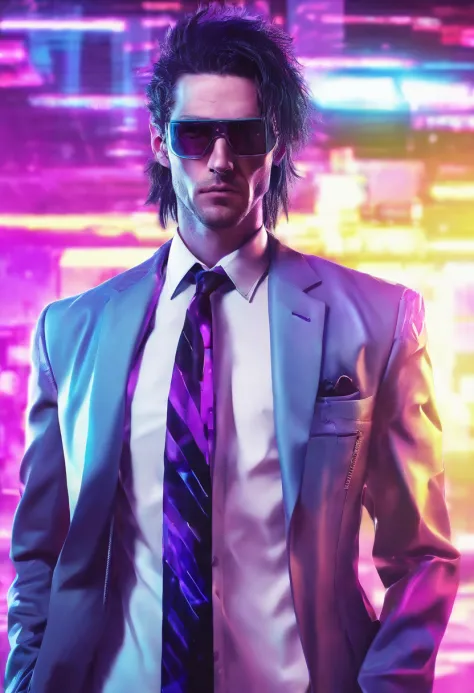 ((Skinny, lanky, normal, mid-30s, unshaven, white, ((American, pale skin, english)), male, businessman wearing a basic suit and tie, nose ring, tired, unhappy)), cowboy shot, (black short shaggy hair with purple highlights), ((office background)), (highly ...
