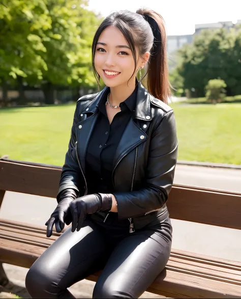 japanese young cute smiling female secretary, black leather rider's jacket, black leather shirt, black leather skinny pants, bla...