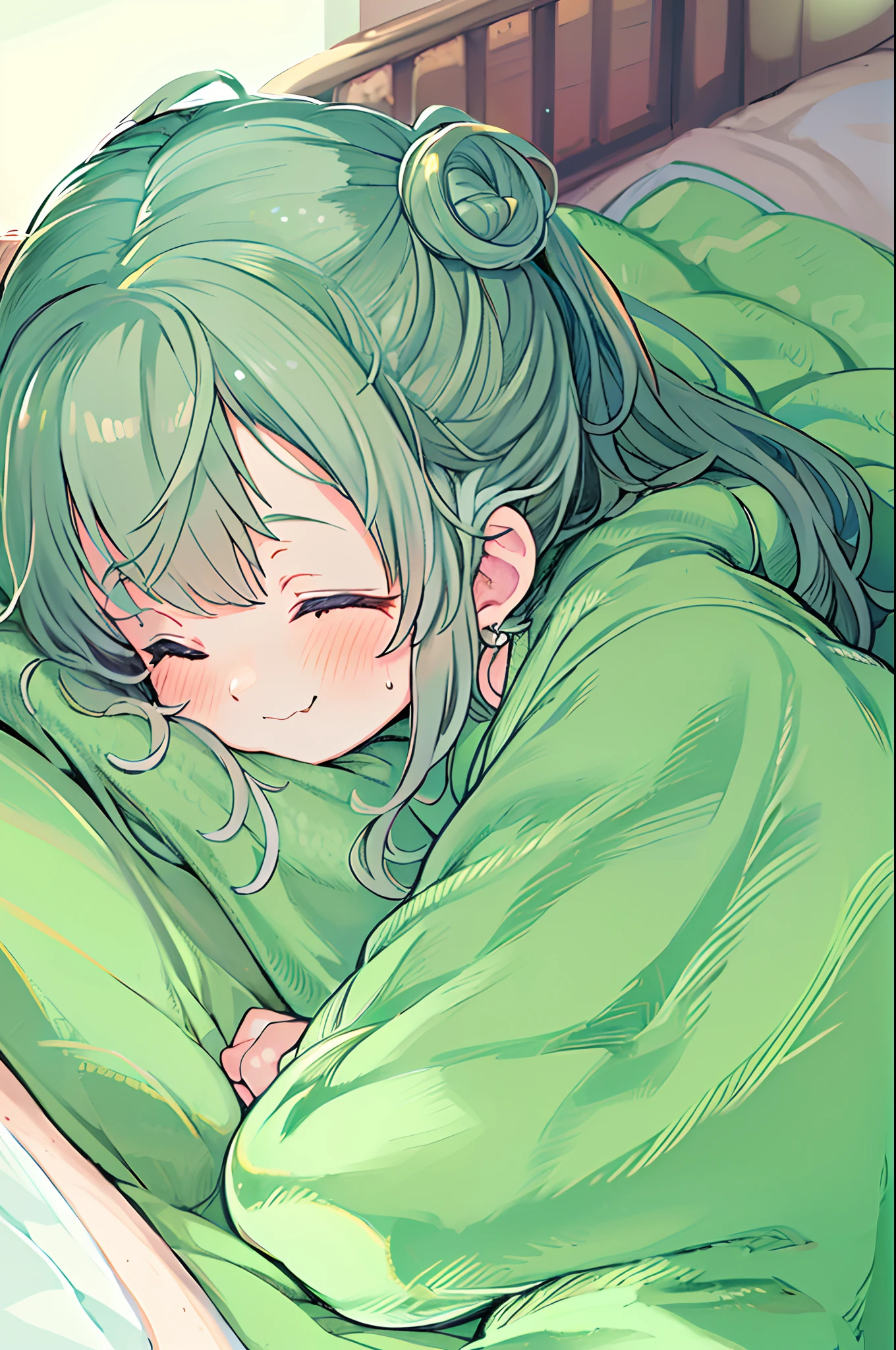 Chica anime acostada en la cama con una manta verde y una manta verde. -  SeaArt AI