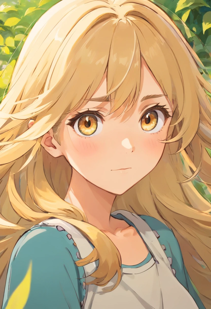 A woman with long blonde hair and yellow eyes standing in front of a bush -  SeaArt AI