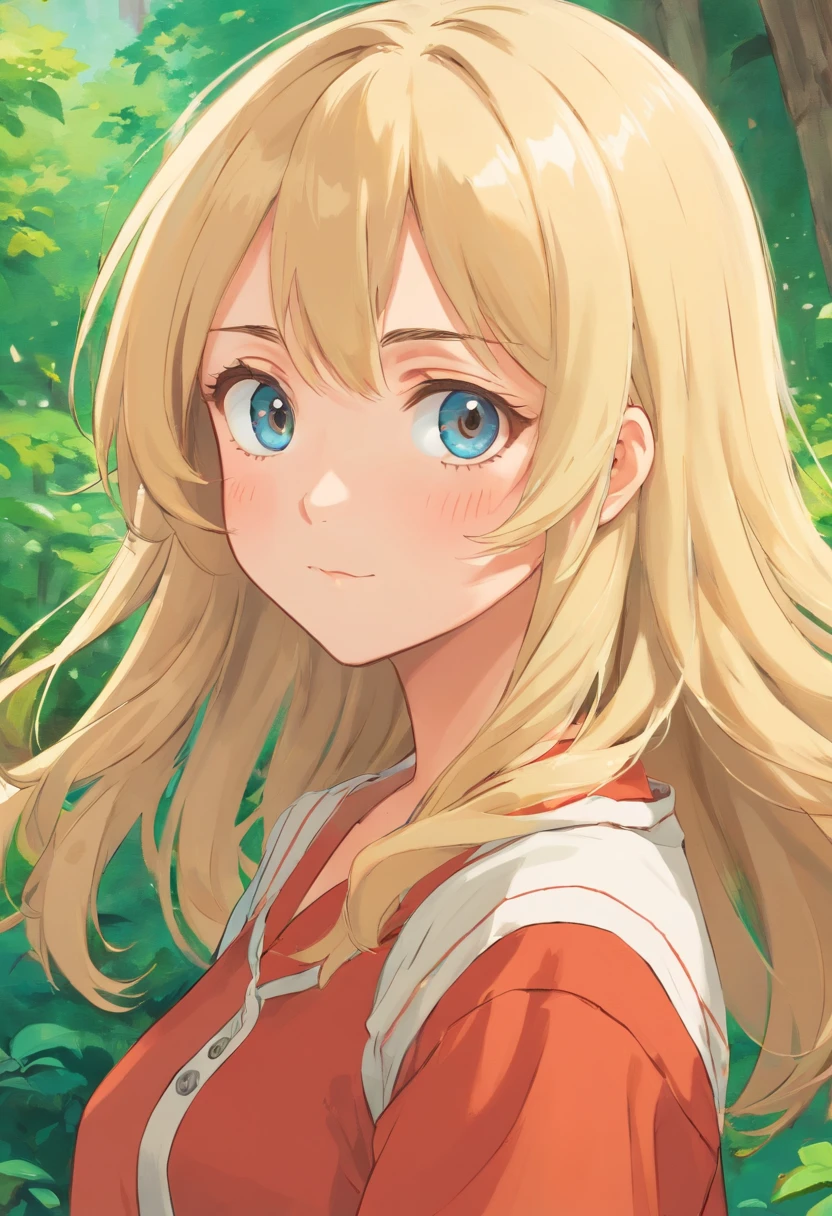 A woman with long blonde hair and blue eyes standing in front of a forest -  SeaArt AI